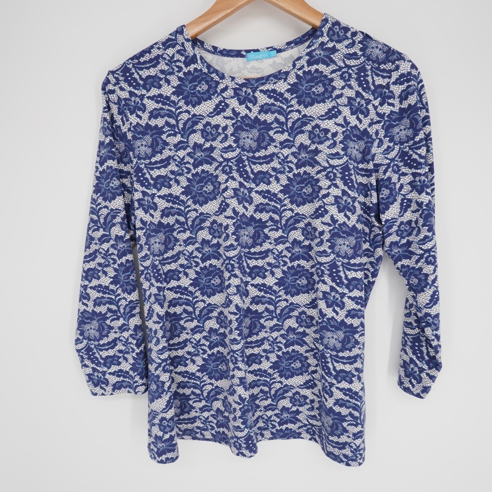 J McLaughlin Catalina Cloth 3/4 Sleeve Top Womens L Blue Floral Lace Print